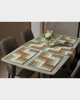 A top-down perspective of the full table arrangement, illustrating the symmetrical placement of the rectangular mats and the central runner.