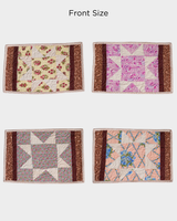 A technical layout image labeled "Front Size," showing four individual placemats with different colored floral star patches (pink, purple, blue, and tan).