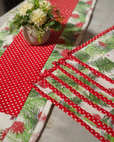 A wide shot of the dining table, illustrating the 37" runner and matching mats perfectly scaled for a seasonal holiday gathering.