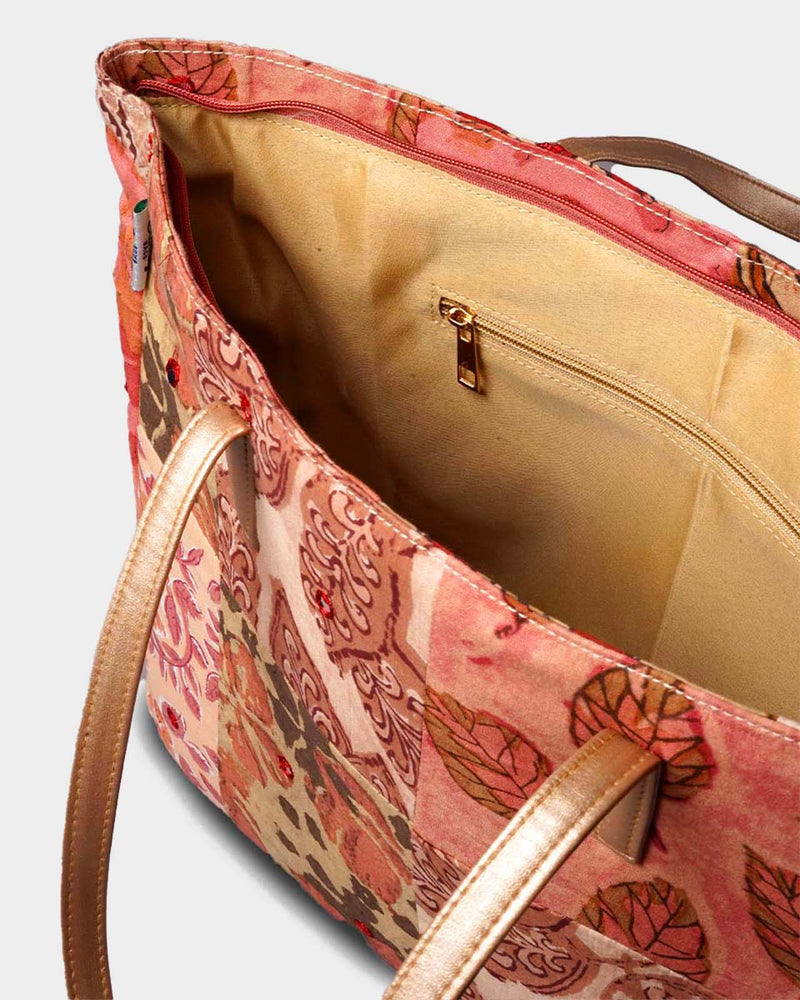 Dusty Rose Patchwork Tote Bag with Gold Handles