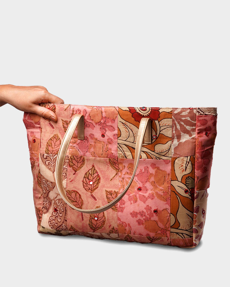 Dusty Rose Patchwork Tote Bag with Gold Handles