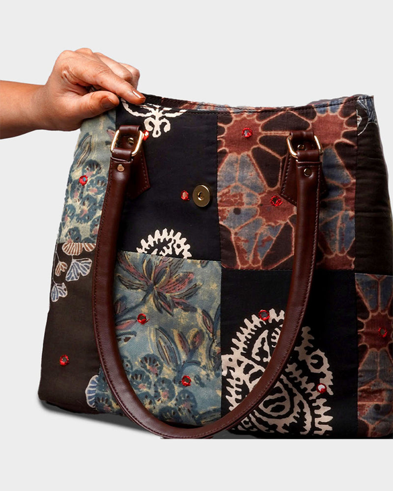 Handcrafted Patchwork Tote Bag with Faux Leather Handles