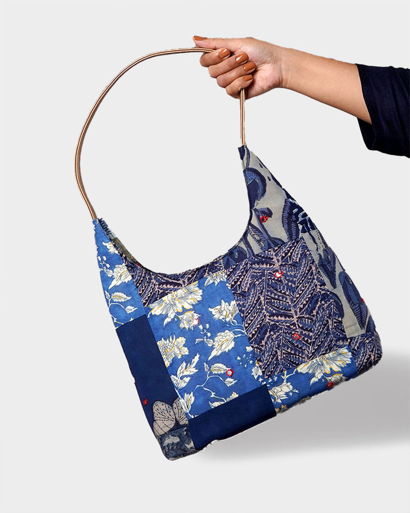 Blue Floral Patchwork Hobo Shoulder Bag