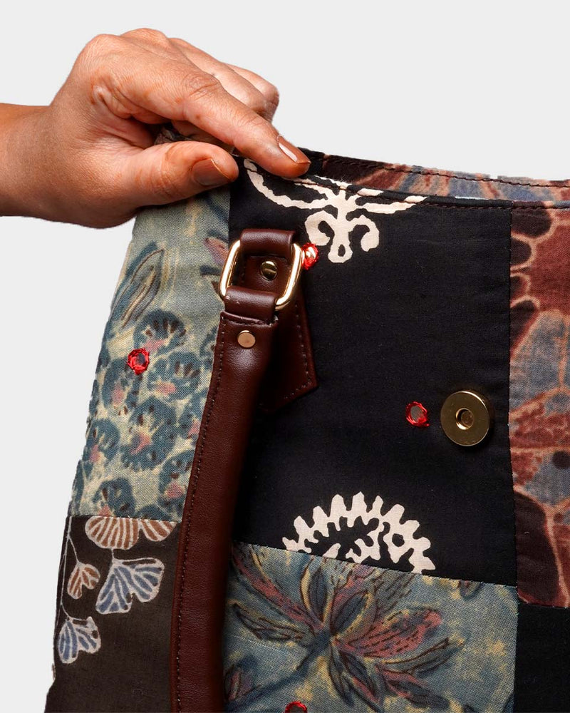 Handcrafted Patchwork Tote Bag with Faux Leather Handles