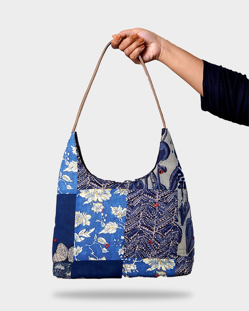 Blue Floral Patchwork Hobo Shoulder Bag