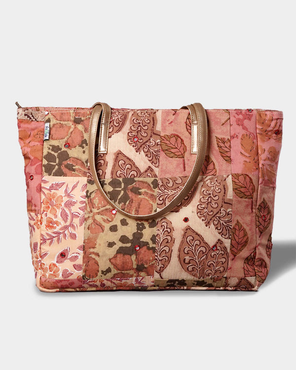 Dusty Rose Patchwork Tote Bag with Gold Handles