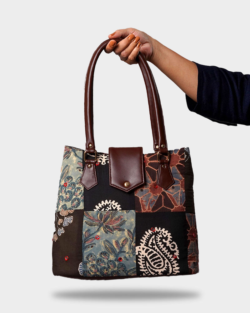 Handcrafted Patchwork Tote Bag with Faux Leather Handles