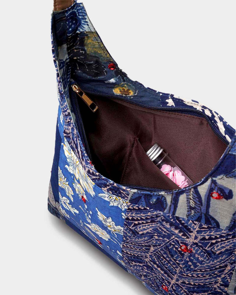Blue Floral Patchwork Hobo Shoulder Bag