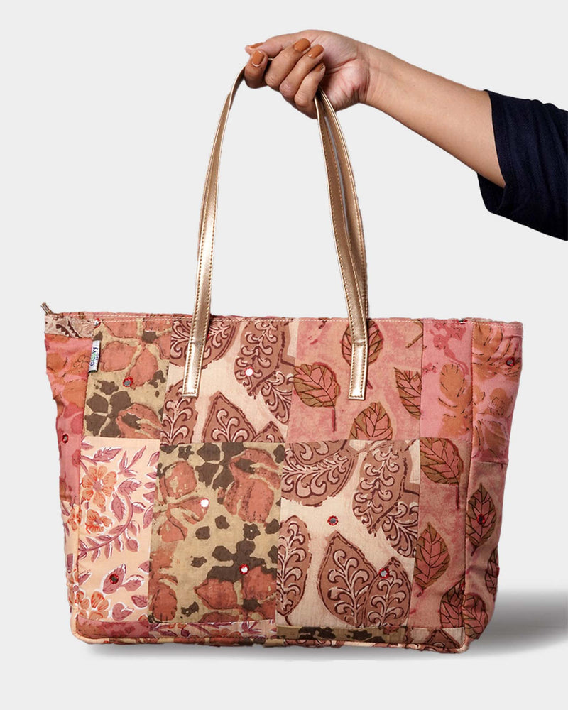 Dusty Rose Patchwork Tote Bag with Gold Handles