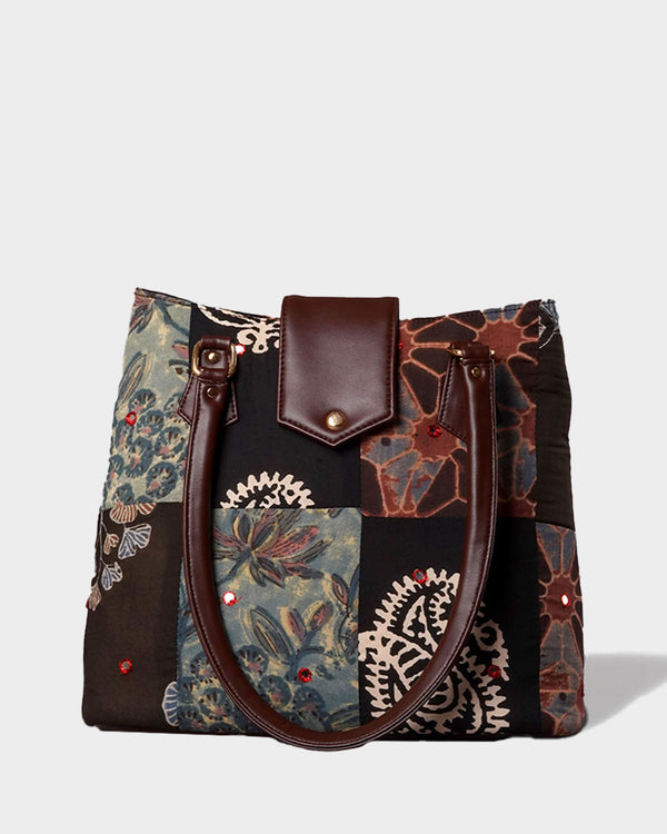 Handcrafted Patchwork Tote Bag with Faux Leather Handles