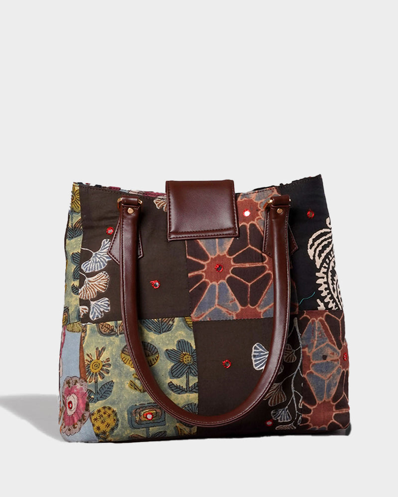 Handcrafted Patchwork Tote Bag with Faux Leather Handles